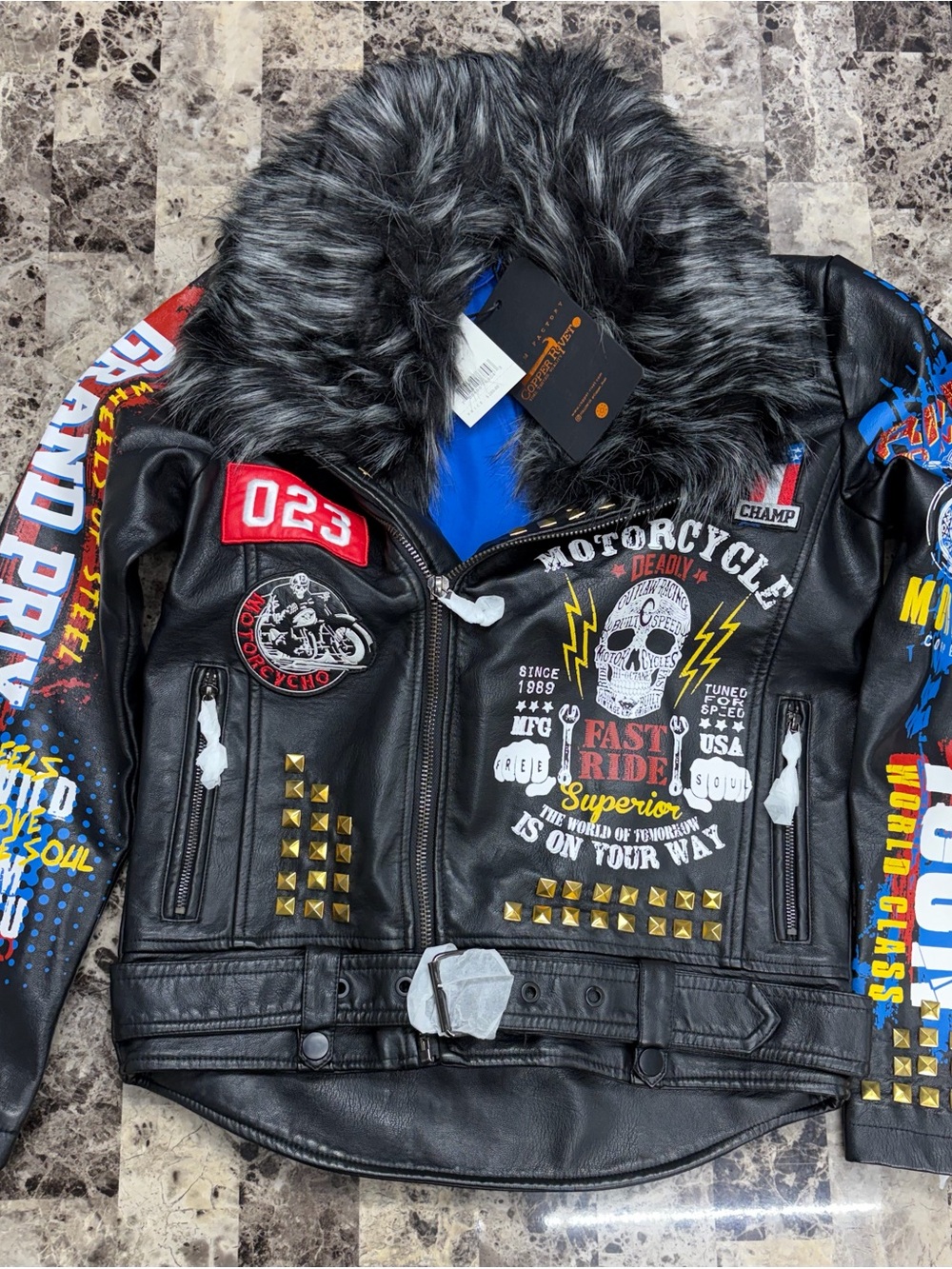 Black Faux Leather Motorcycle Bomber Jacket with Grey Faux Fur Collar